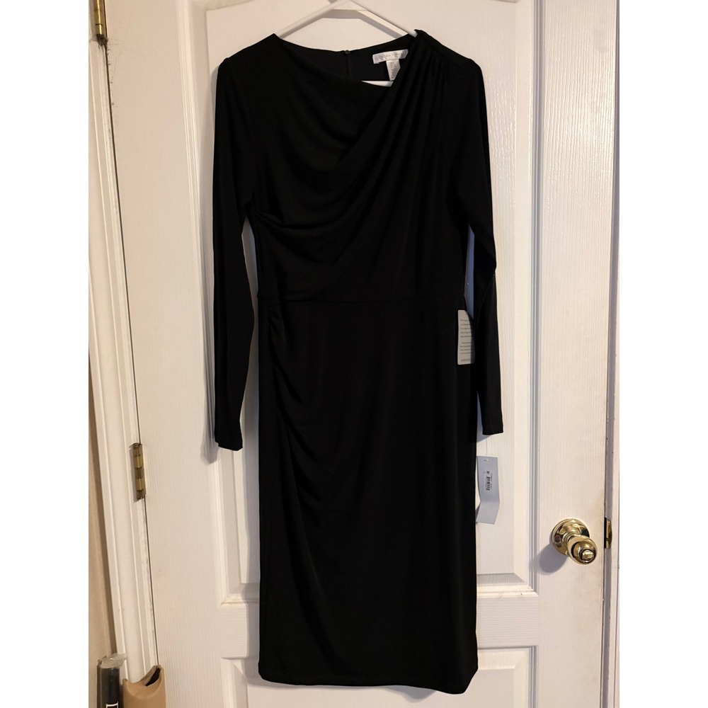 London Times Sheath Dress Women 8 Black NWT Cowl Neck Ruched Long‎ Sleeve Formal